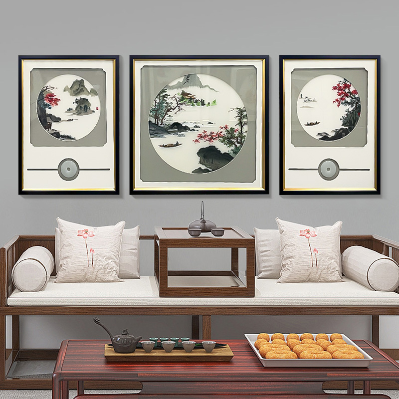 高端刺绣中式装饰画 钢化玻璃三联画 客厅沙发书房壁画山水80200