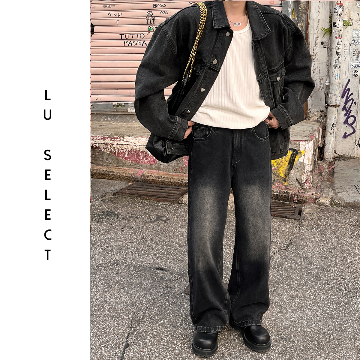 Lu SELECT 秋季黑色高街美式复古休闲百搭水洗直筒牛仔裤裤子男