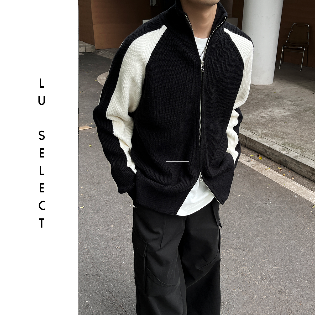 Lu SELECT 羊毛混纺双拉链拼色百搭休闲亲肤针织立领毛衣开衫