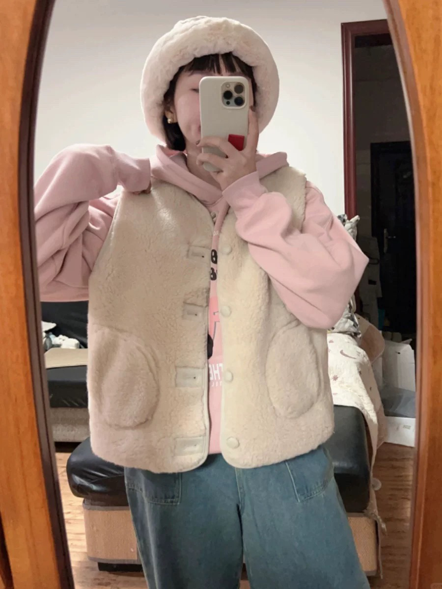 【冬日恋岛】慵懒感皮毛一体马甲时尚小个子羊羔毛外套