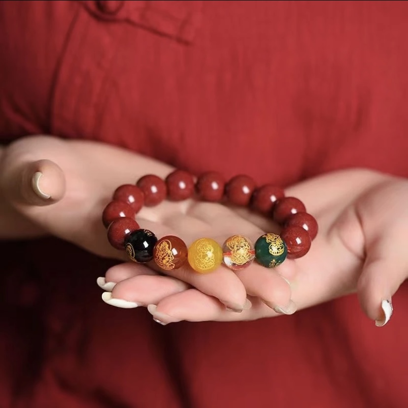 天然辰砂时尚款转运五路彩珠朱砂手链