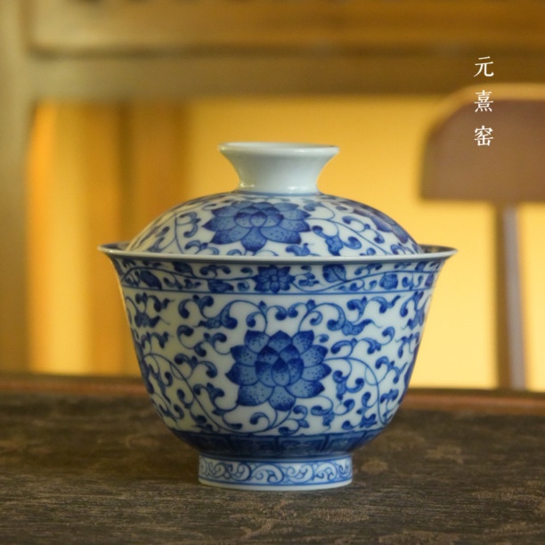 元熹窑 景德镇青花柴窑纯手绘缠枝莲盖碗两才陶瓷茶具泡茶碗家用