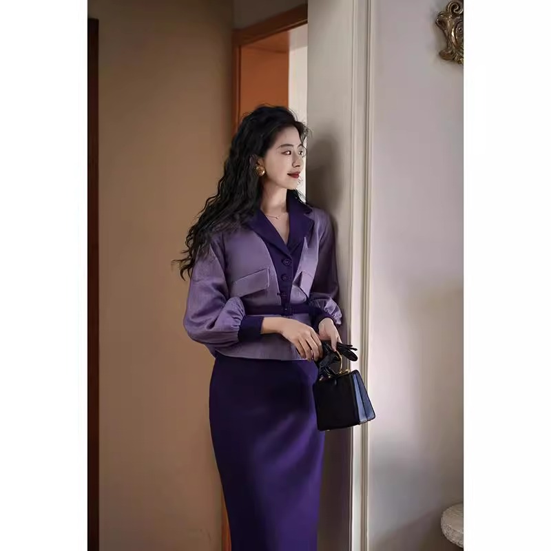 Chings 复古灯笼袖撞色毛呢套装 收腰显瘦西装夹克高腰裙直筒裙秋