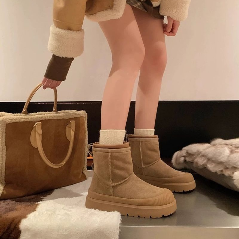 红蜻蜓牌写隐主推栗冬拿铁～冬季厚底新款防滑加绒保暖雪地短靴真