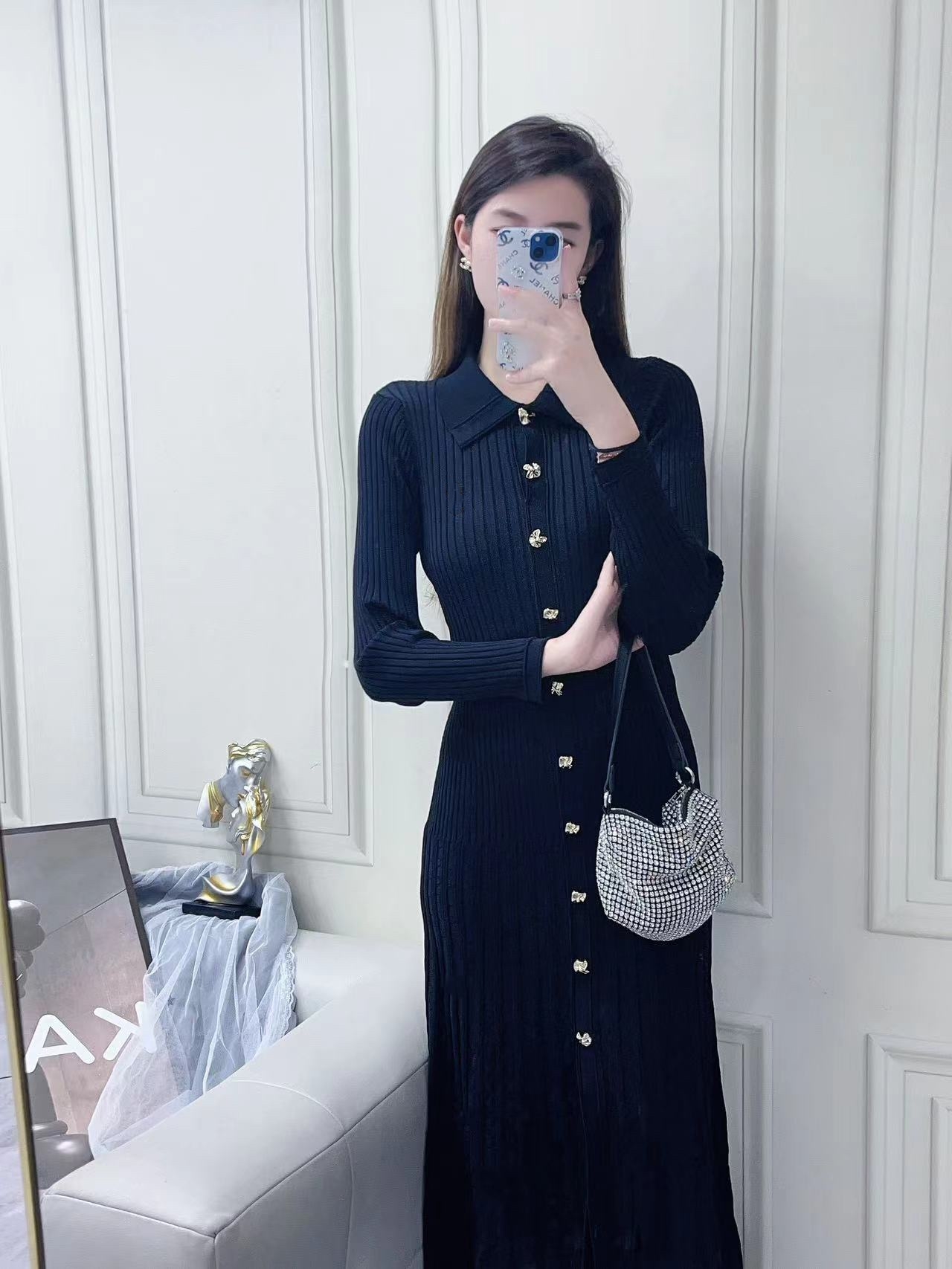 复古优雅气质拼接长款收腰修身高级感排扣针织连衣裙女装