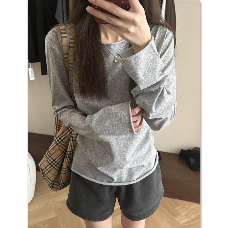 高级感灰色长袖T恤女春秋雅丹修身显瘦内搭打底baby蓝正肩上衣夏