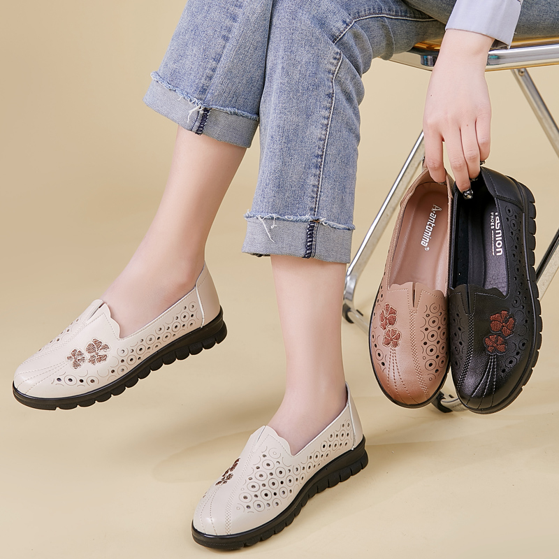 真皮软底妈妈鞋凉鞋平底一脚蹬洞洞鞋皮鞋中老年女鞋单鞋夏季新款