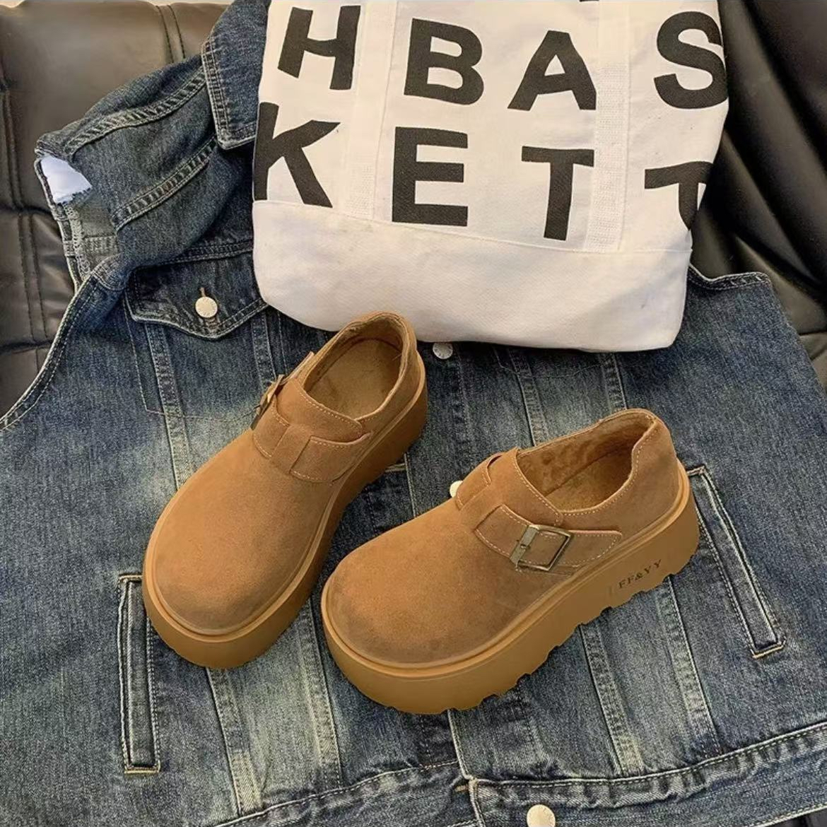 松糕厚底增高勃肯鞋女2024新款秋冬雪地靴加绒乐福毛毛面包二棉鞋