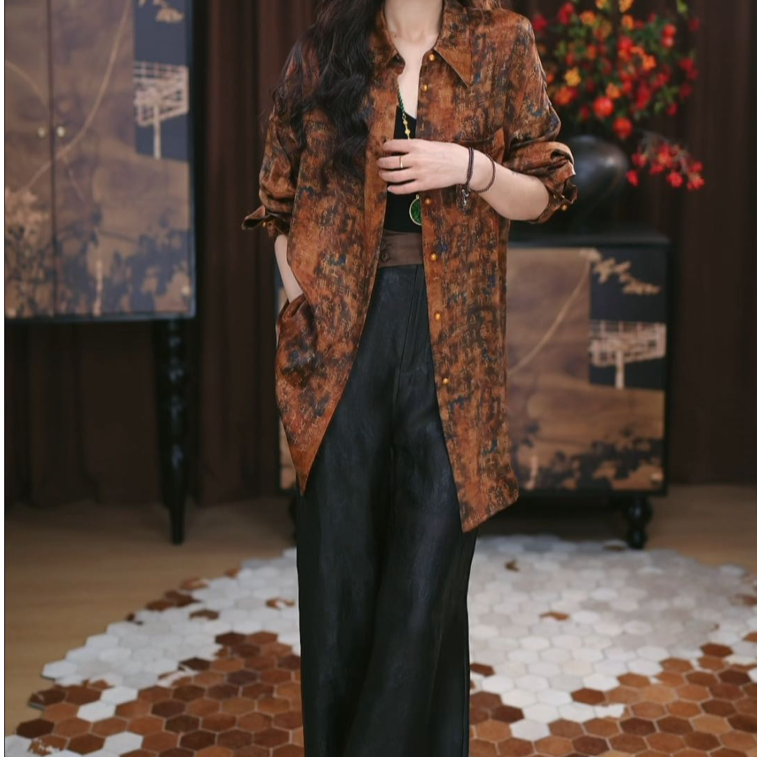 【时伊】红云纱新中式气质复古显瘦春秋宽松国风花色短款洋气上衣