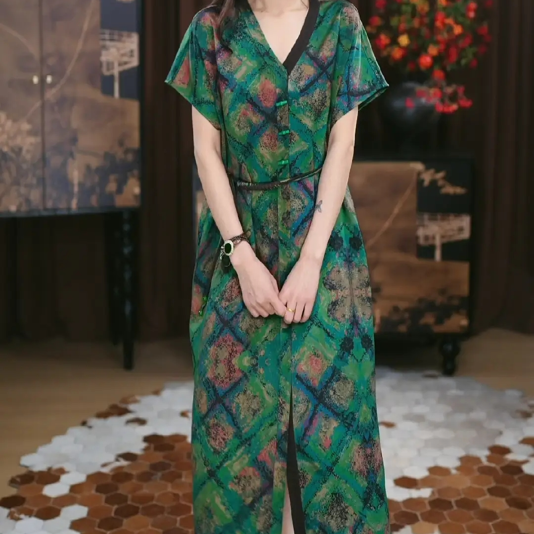 【沐心】香云纱长款重磅时尚春夏提花遮肉印花复古长裙新中式连衣裙