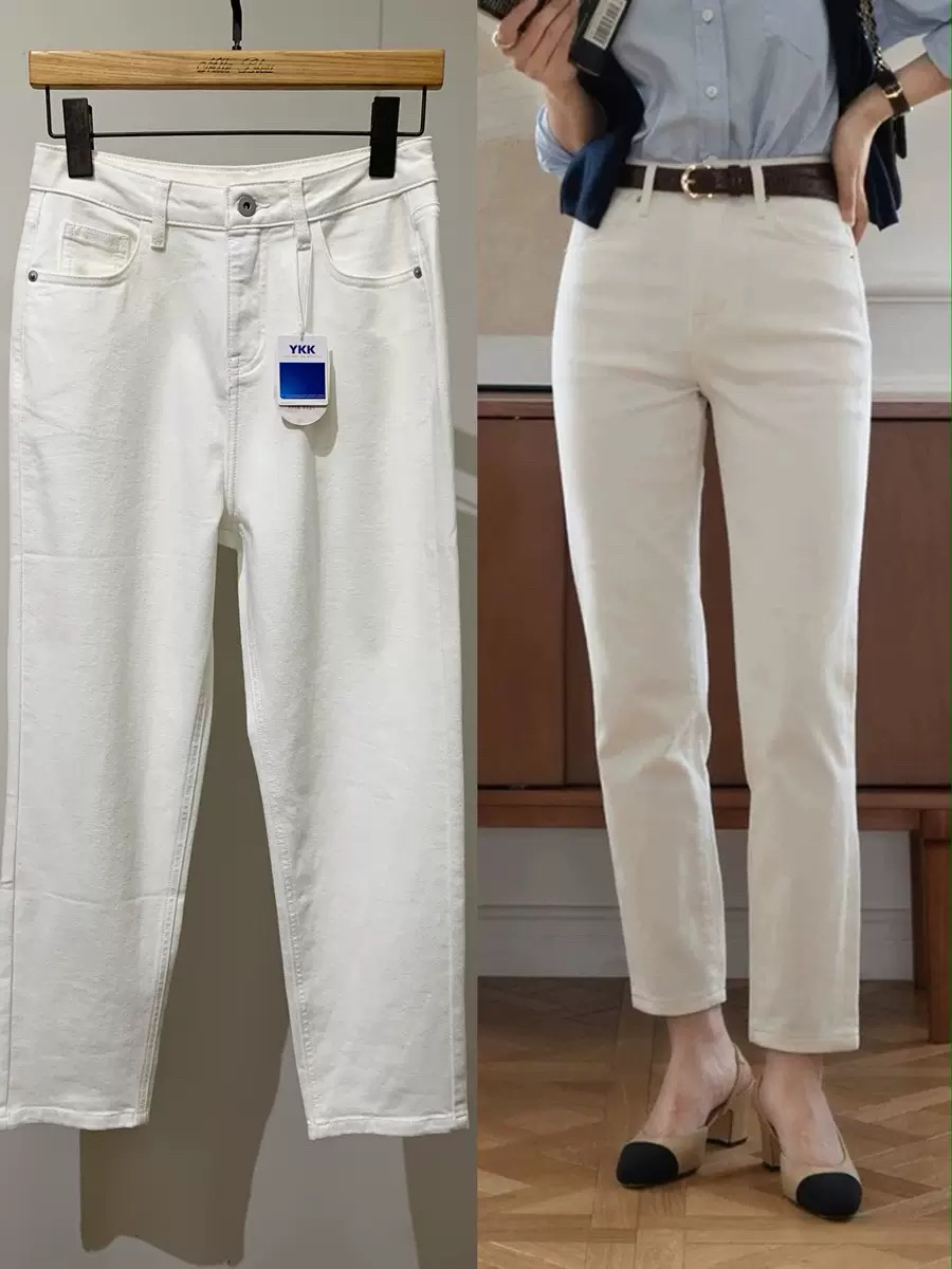 白色高腰百搭烟管弹力牛仔裤