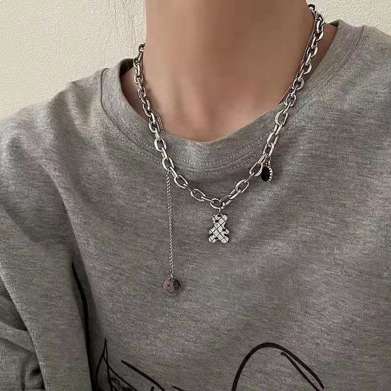 简约双层可爱小熊项链女ins嘻哈笑脸吊坠颈链网红气质 百搭毛衣链