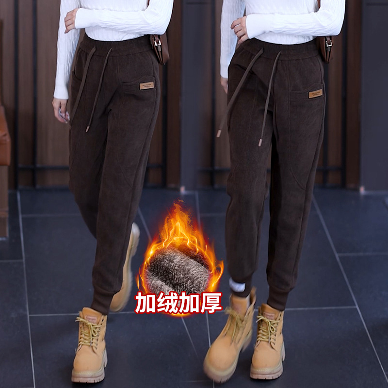 啄木鸟百搭加绒加厚保暖束脚哈伦裤女2023秋冬高腰垂感显瘦小脚裤