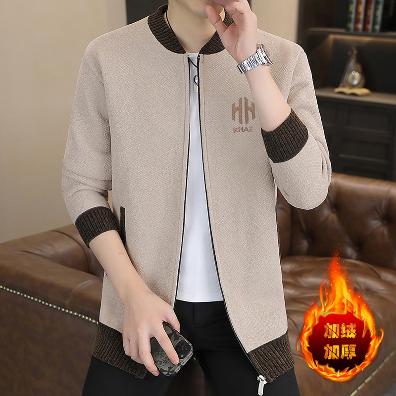 啄木鸟男款秋冬加绒加厚保暖毛衣时尚休闲针织衫开衫外套夹克帅气