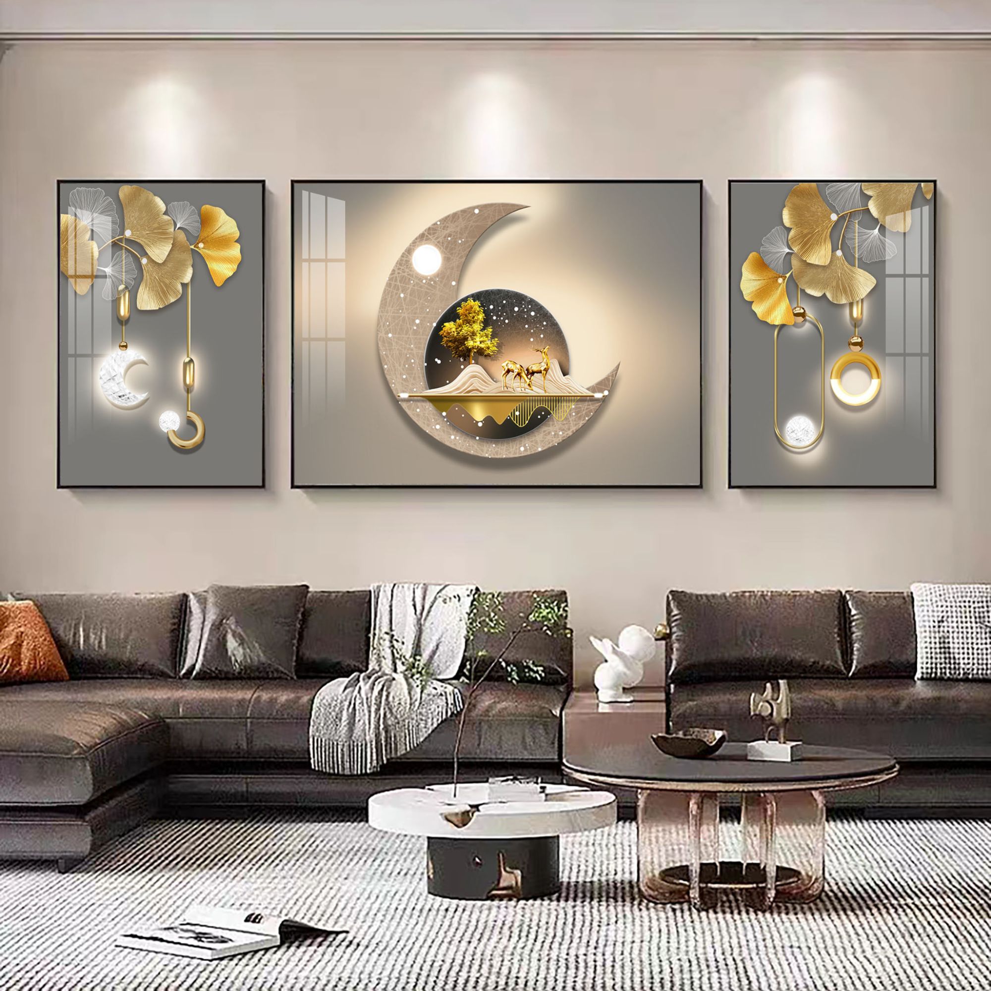 品兰【福泰安康】福鹿抽象三联镶钻装饰画客厅沙发轻奢简约背景壁画