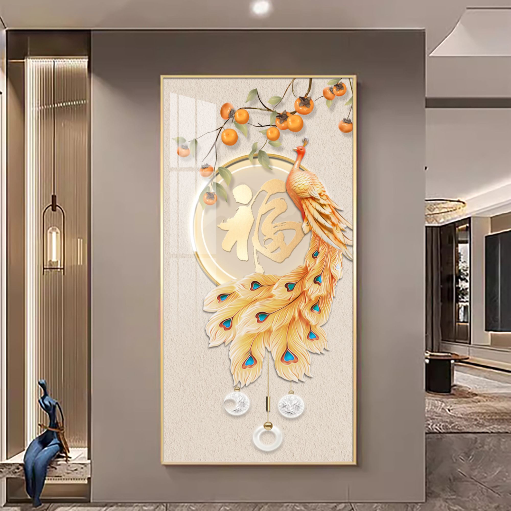 【富贵吉祥】孔雀玄关过道装饰画艺术中式简约现代晶瓷装饰画