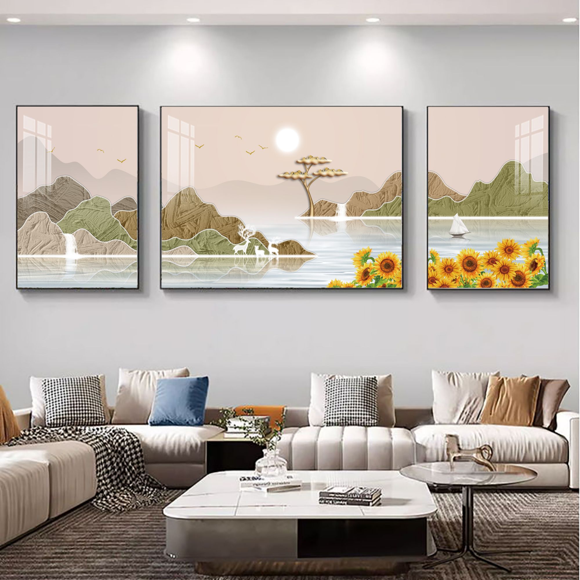 品兰【山川福鹿】客厅三联装饰画高档设计客厅背景墙挂画上档次壁画
