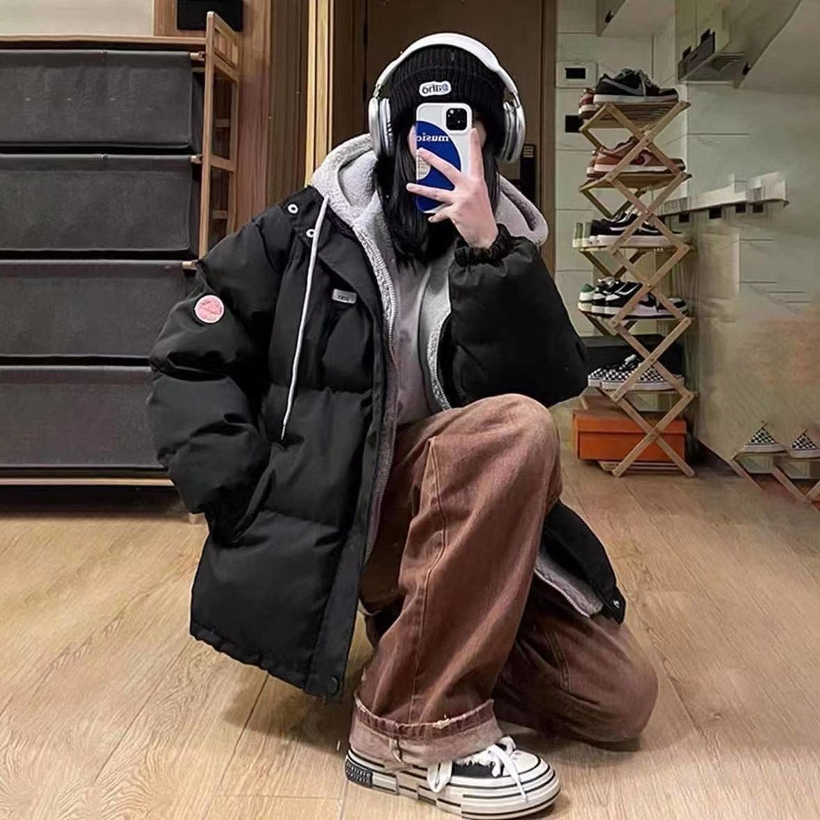 波司澄韩版奶fufu假两件加厚保暖可擦外套女冬季棉服学生设计感棉