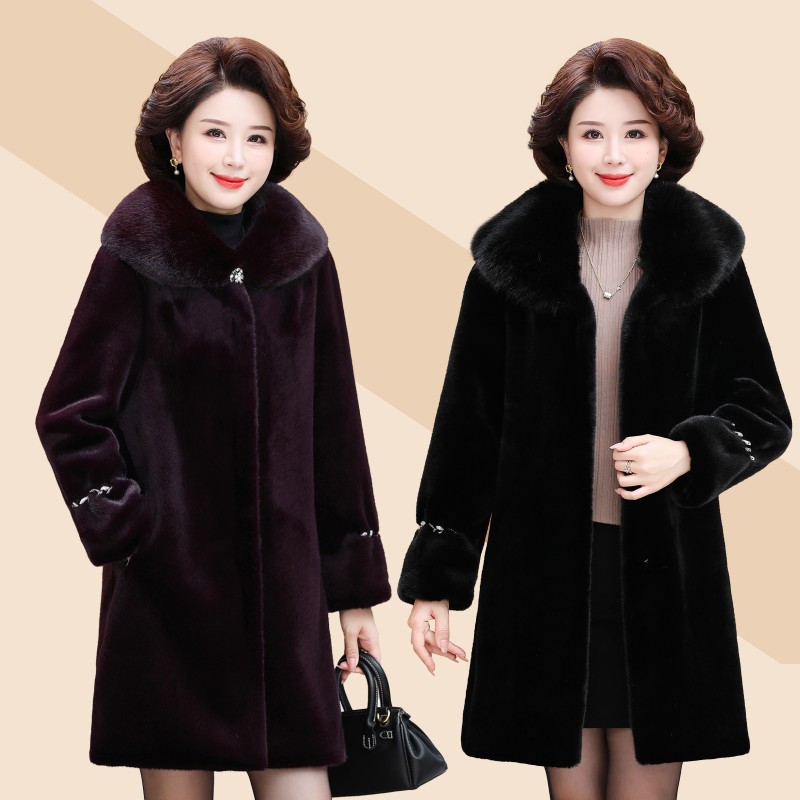 妈妈貂绒外套中长款冬季中老年人仿皮草外套大码毛领水貂绒棉衣