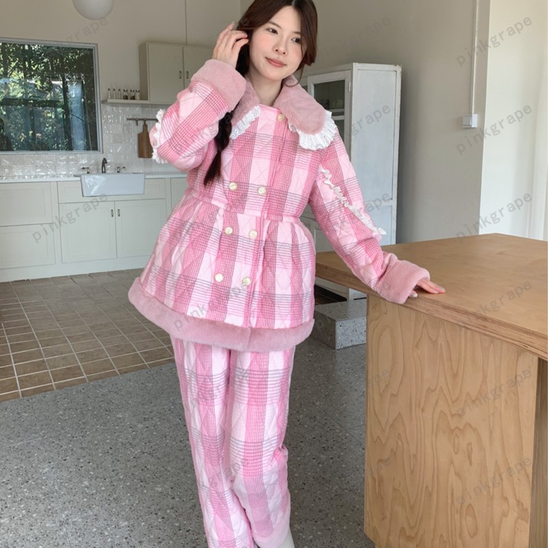 pinkgrape【酒醉青兮】2025年新款睡衣女套冬季三层夹棉加厚2378132
