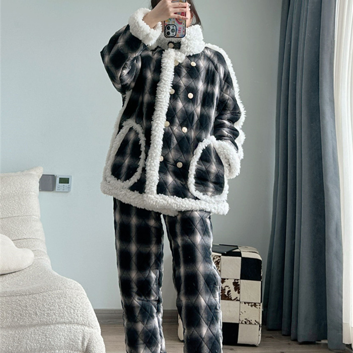 pinkgrape睡衣女冬季防静电加厚保暖三层夹棉家居套装睡衣2478531