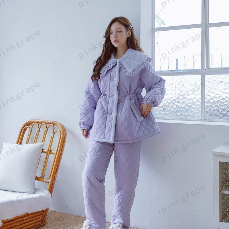 pinkgrape睡衣女冬季零下防静电加厚保暖三层夹棉家居套装2478710