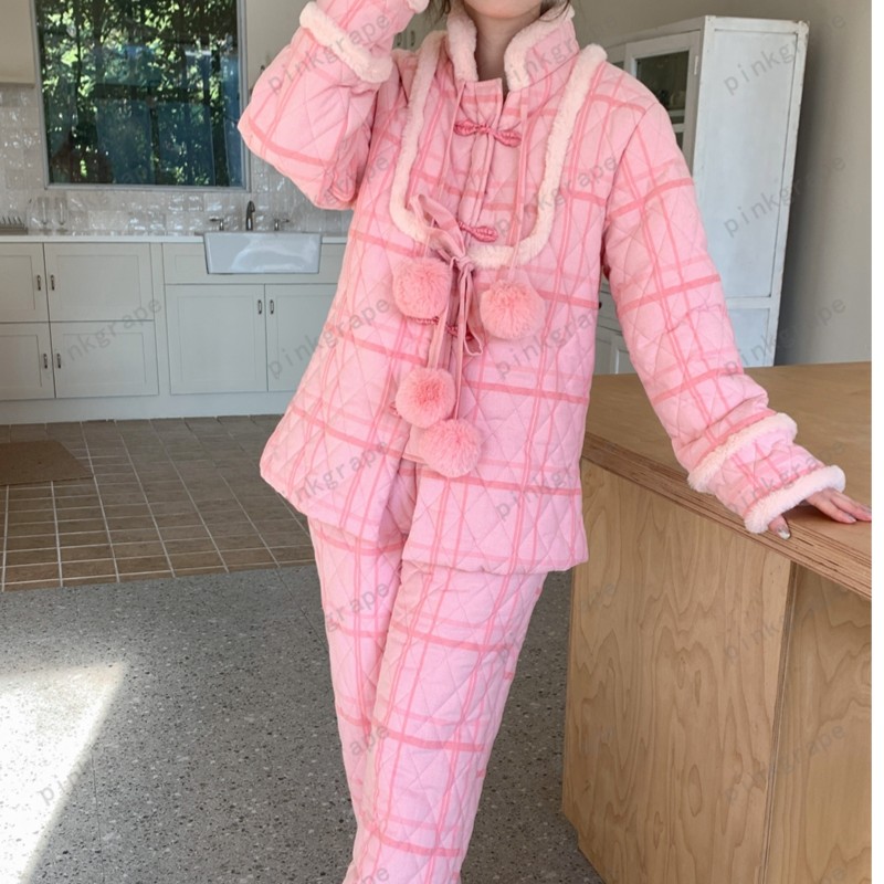 pinkgrape【酒醉青兮】2023年新款睡衣女冬季三层加厚夹棉2378165