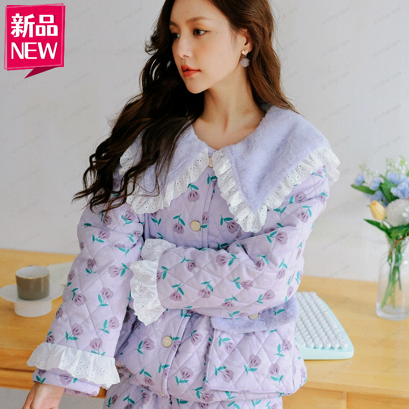 pinkgrape洛雨精灵睡衣女冬季三层夹棉加厚欧若风家居服2478502