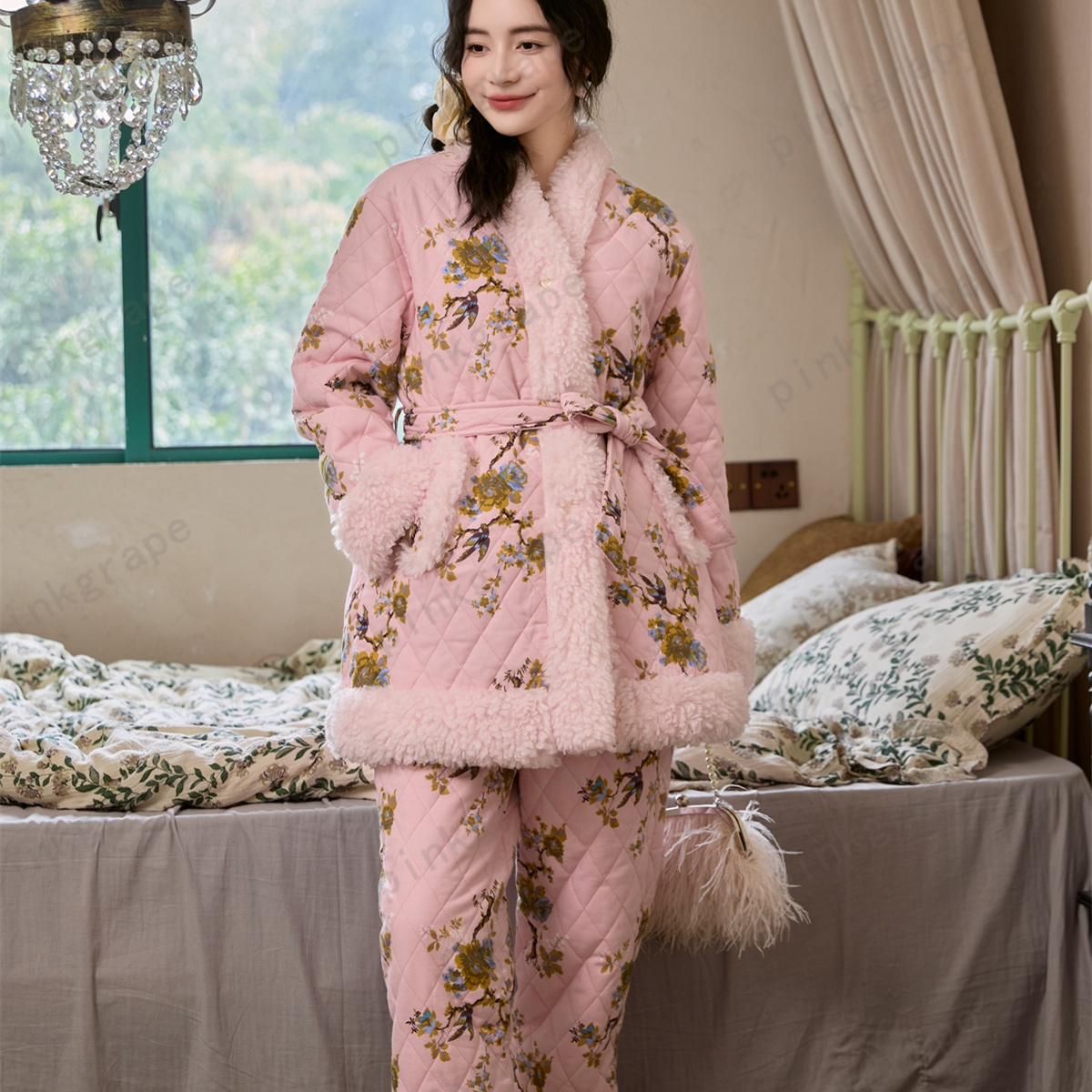 pinkgrape睡衣女冬季零下防静电加厚保暖三层夹棉睡衣套装2478524