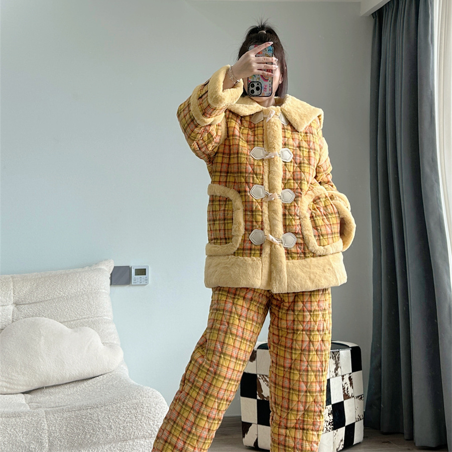 pinkgrape新款睡衣女冬季防静电加厚保暖三层夹棉家居套装2478529