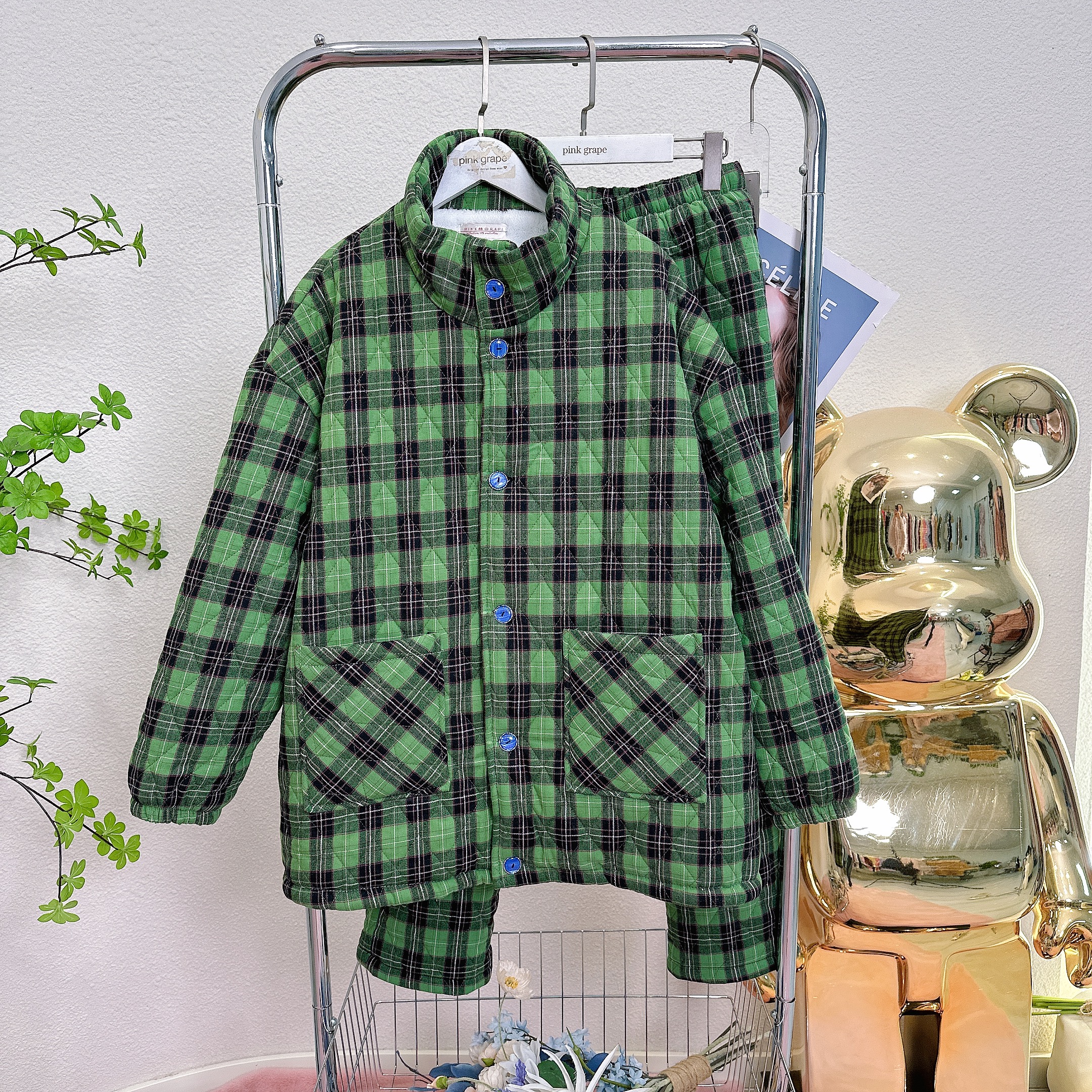 pinkgrape【月落汐霜黑绿】睡衣男秋冬加厚保暖外穿夹棉套装2479536