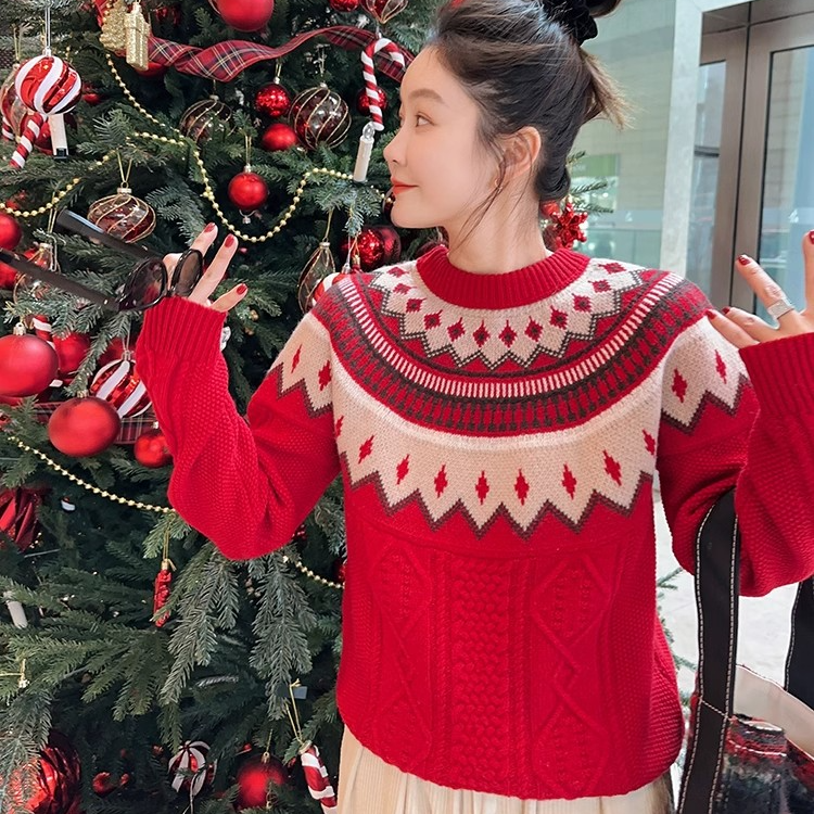 莉贝琳sisy彩糖毛衣新年红提花洋气加厚针织衫新款冬上衣女187331