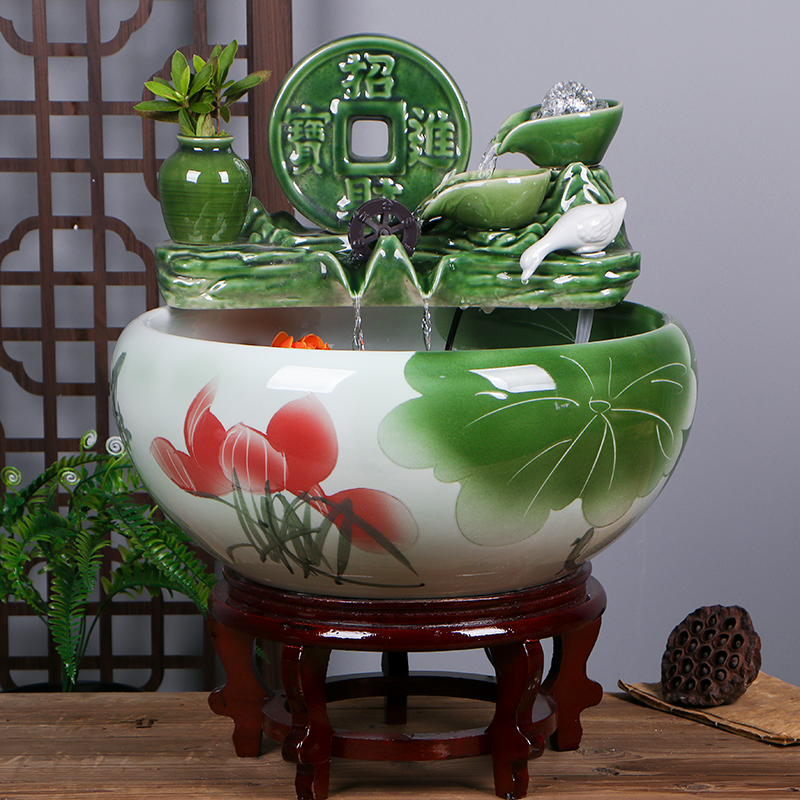 景德镇陶瓷鱼缸客厅喷泉桌面流水鱼缸小型家用循环招财鱼缸养鱼盆
