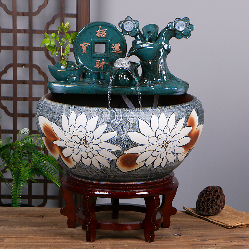 景德镇陶瓷鱼缸家用流水喷泉小金鱼大号养鱼盆摆件客厅加湿造景