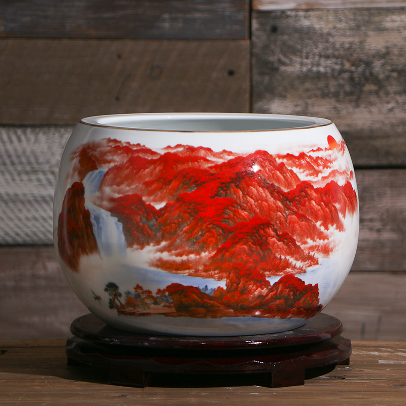 景德镇陶瓷器鸿运当头聚宝盆摆件中式家居饰品客厅玄关养鱼摆件