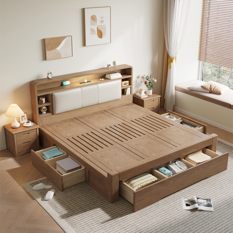 白蜡木实木床北欧实木家用软靠双人1.5米1.8米主卧室高箱储物大床