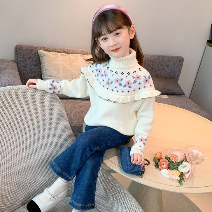 【新品】亲子装2023冬季中大童韩版女童百搭翻领提花针织套头毛衣
