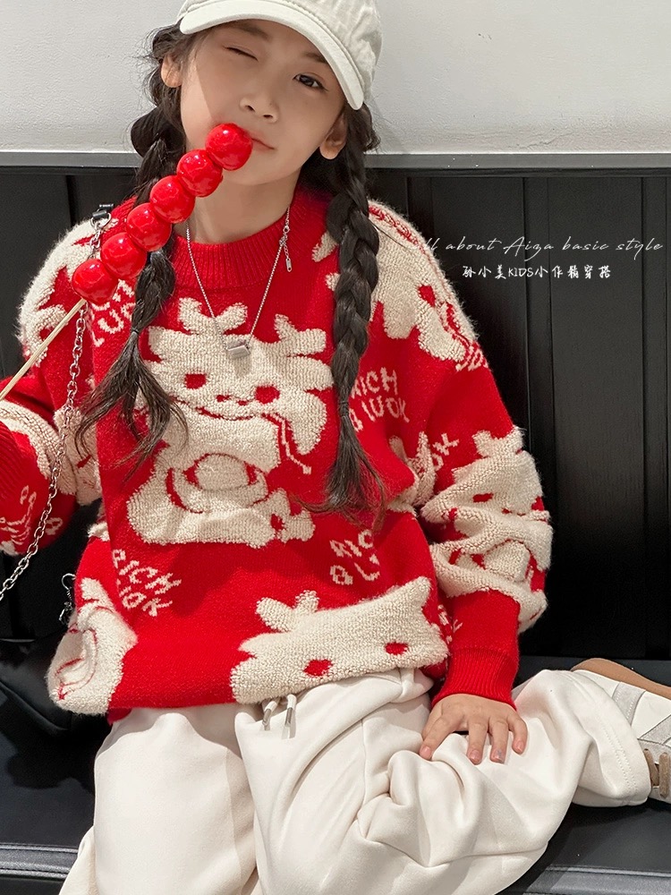 【新品】女童新年红毛衣2023秋冬新款亲子装针织上衣本命年服加厚