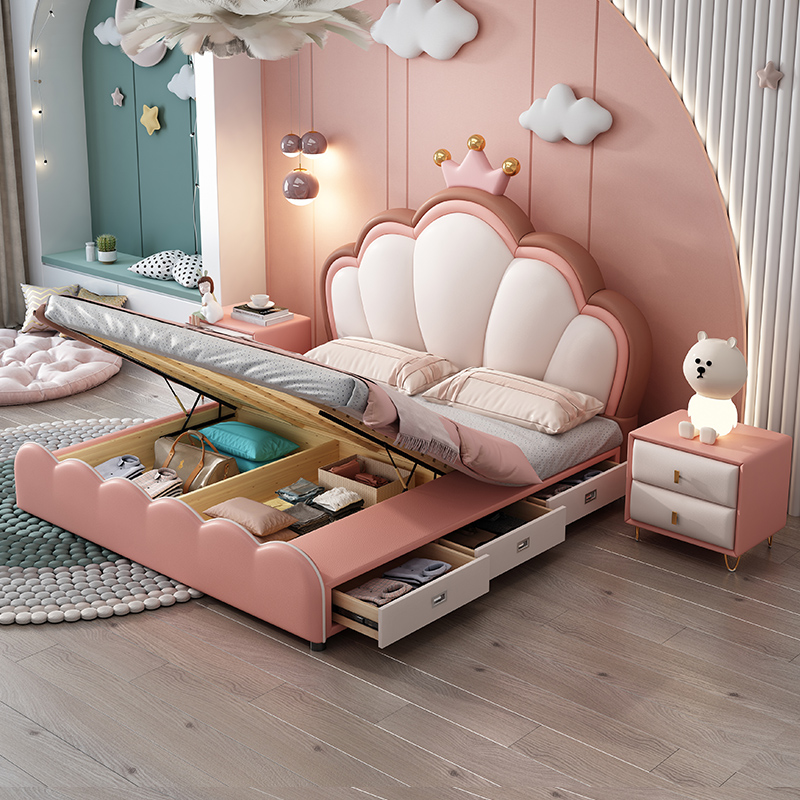 儿童床1.2米1.5米女孩实木单人双人网红现代简约公主床可储物皮床