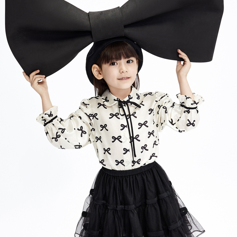 little moco童装新款女童蝴蝶结娃娃领长袖衬衫#KBC3SHT014