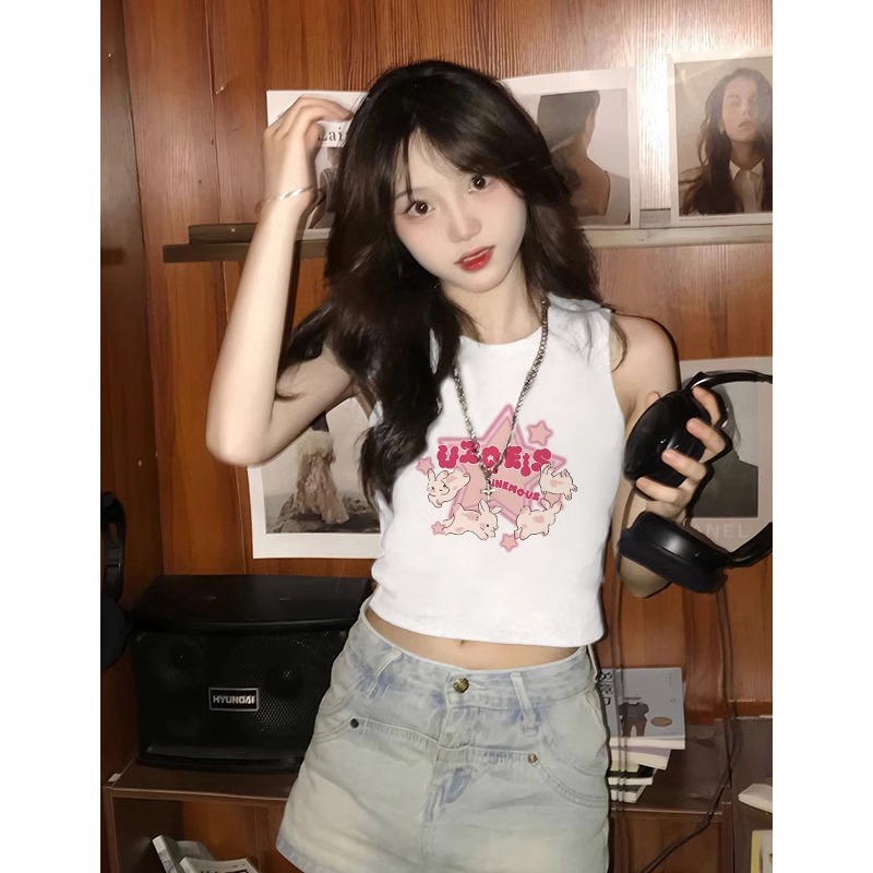 白色短款无袖T恤女夏季外穿露脐设计感小众辣妹修身卡腰内搭背心 