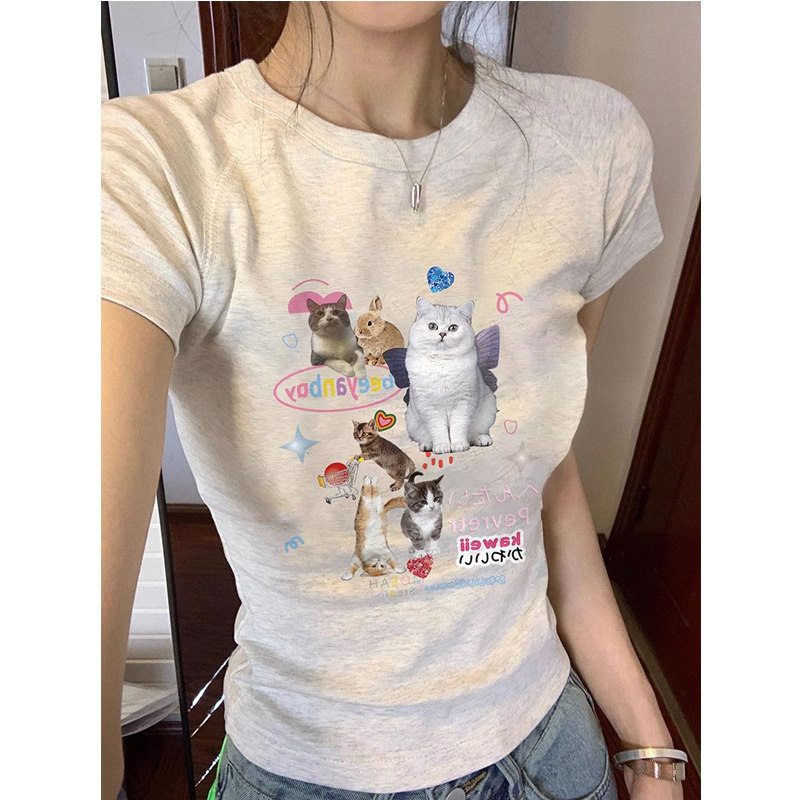 正肩小猫咪短袖t恤女夏季网红款设计感小众修身显瘦短款印花上衣 