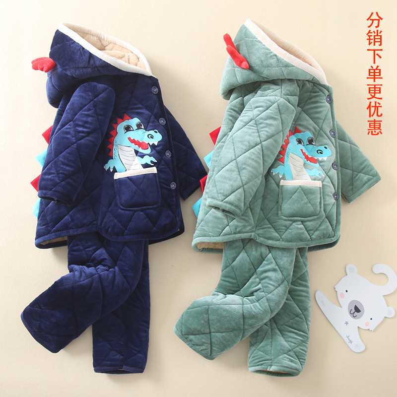 舒适保暖儿童睡衣冬加厚三层夹棉家居服珊瑚绒法兰绒加绒保暖套装