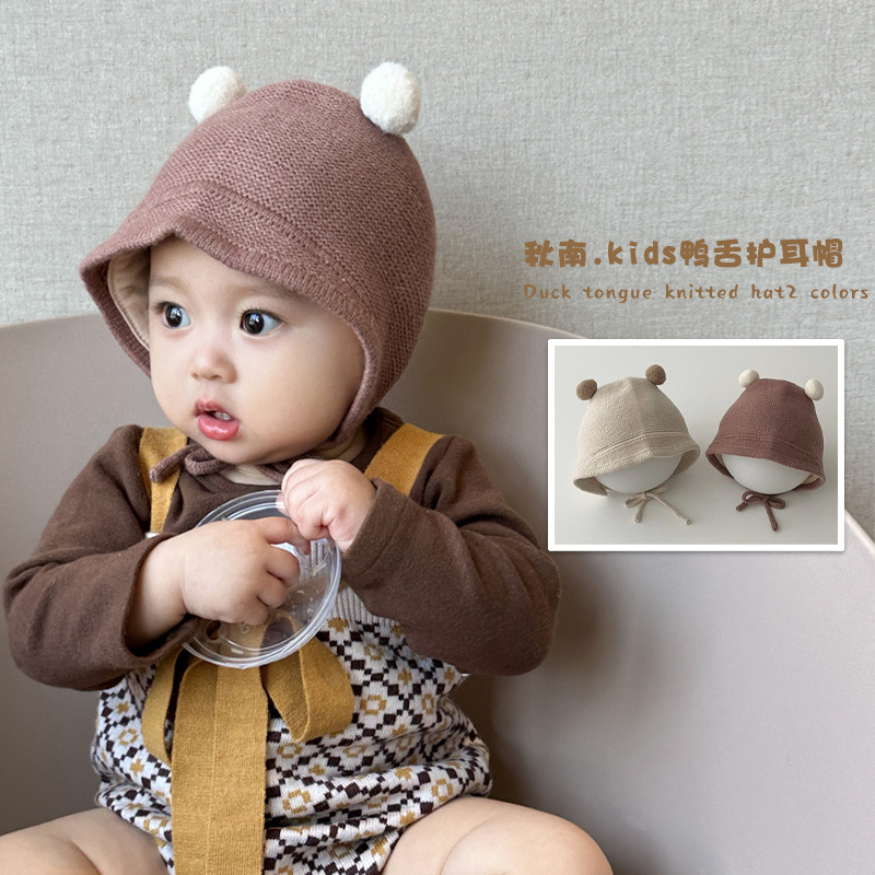 新款 婴儿帽子秋冬ins新款可爱超萌针织鸭舌儿童护耳帽宝宝毛线帽