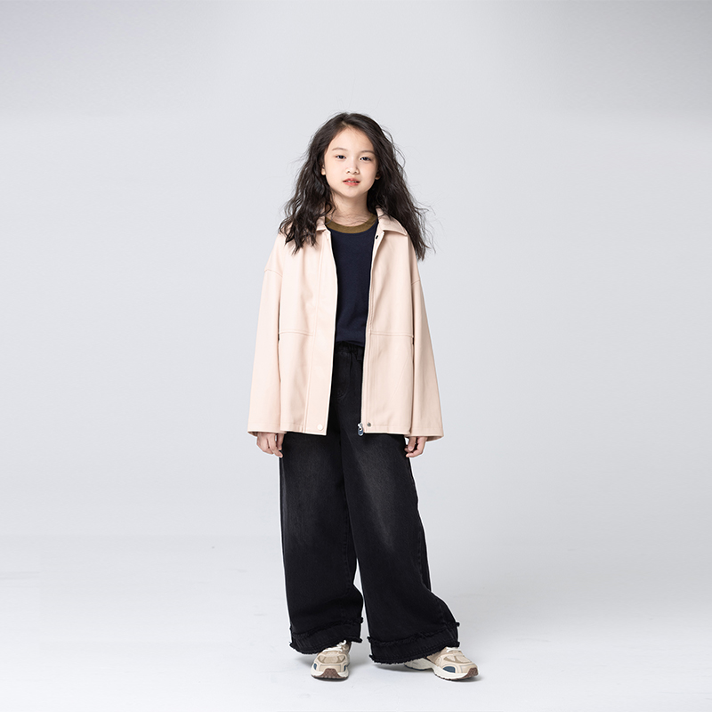 小小大星球童装 美式复古简约翻领粉皮衣 女童秋日机车夹克外套