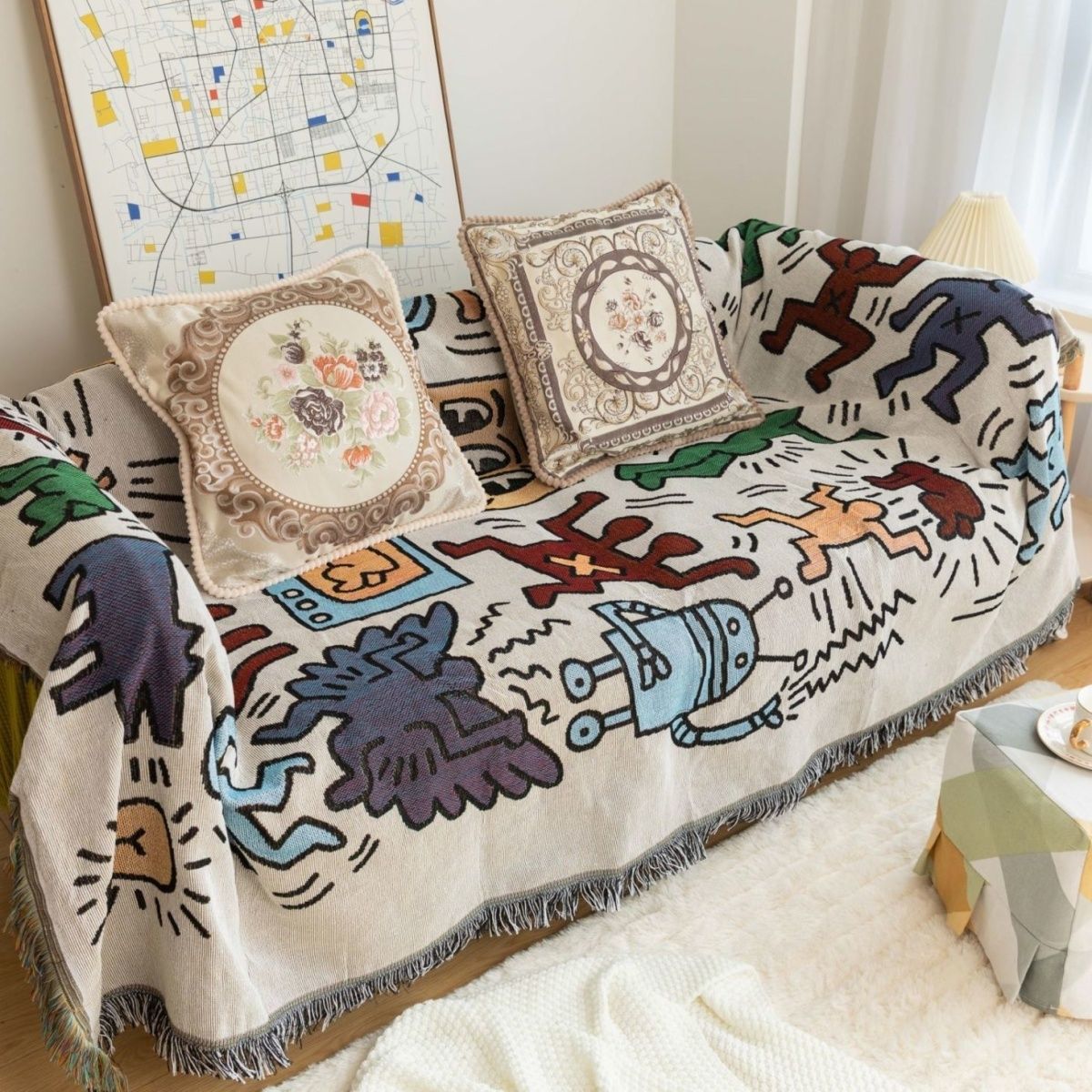 美国涂鸦沙发巾北欧风ins沙发防尘罩全盖布沙发套桌布民宿装饰毯