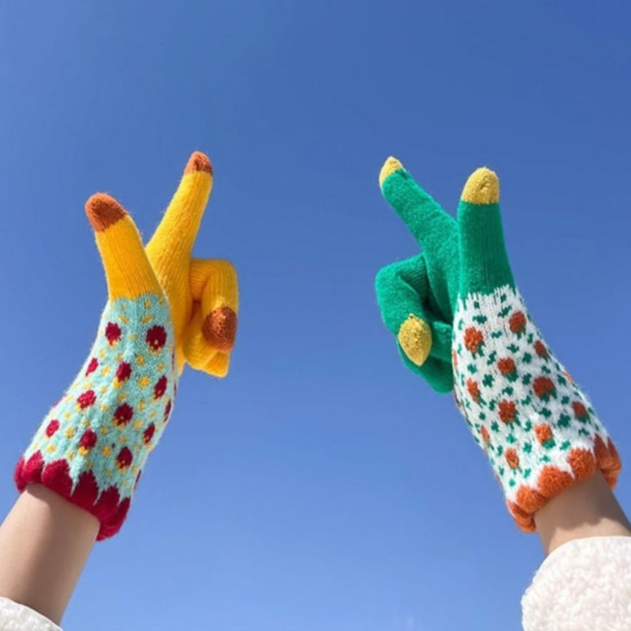 手套韩版触屏手套女士秋冬季加厚保暖针织学生ins风复古可爱骑行