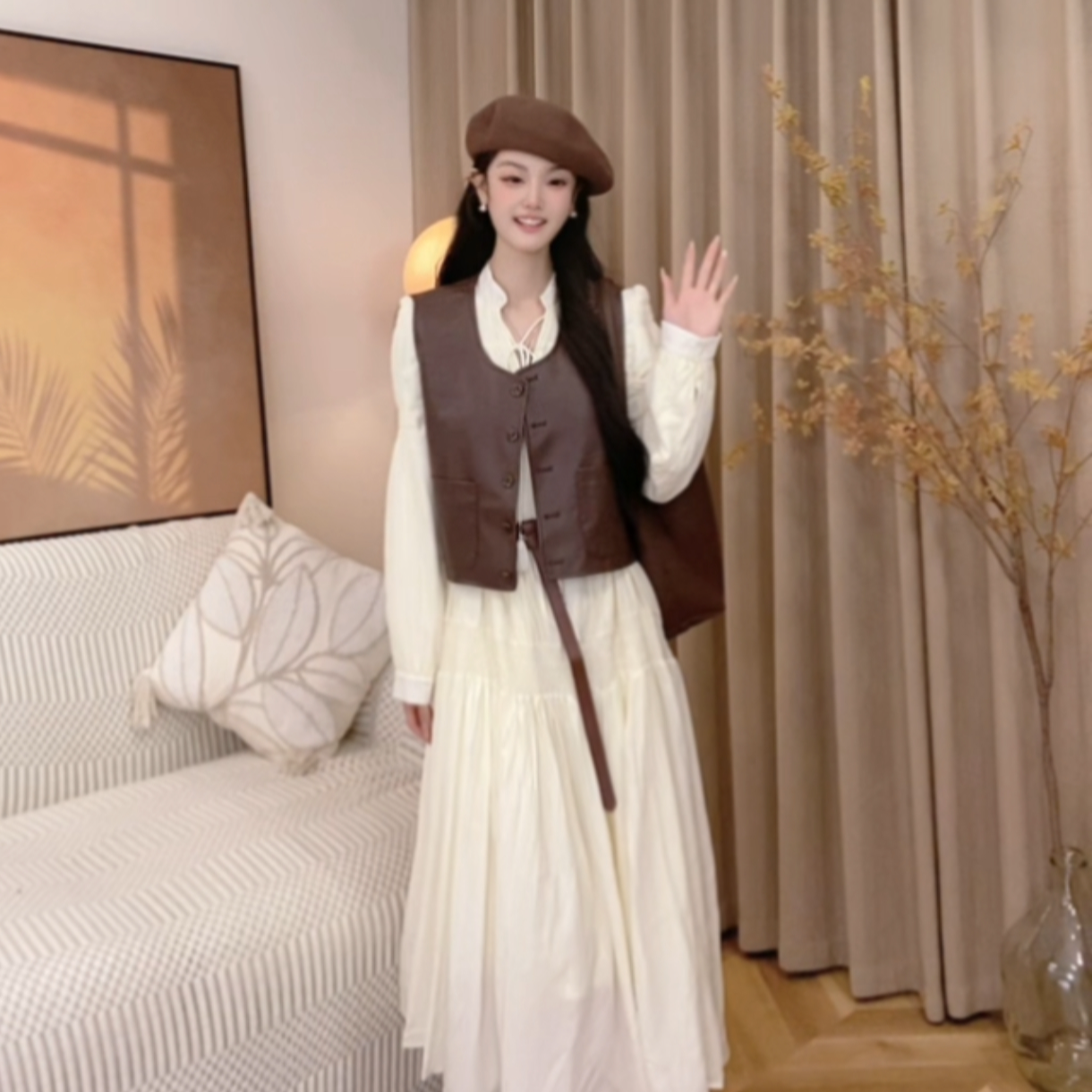 AN.XIN甜酷风设计感连衣裙+皮马甲D8898