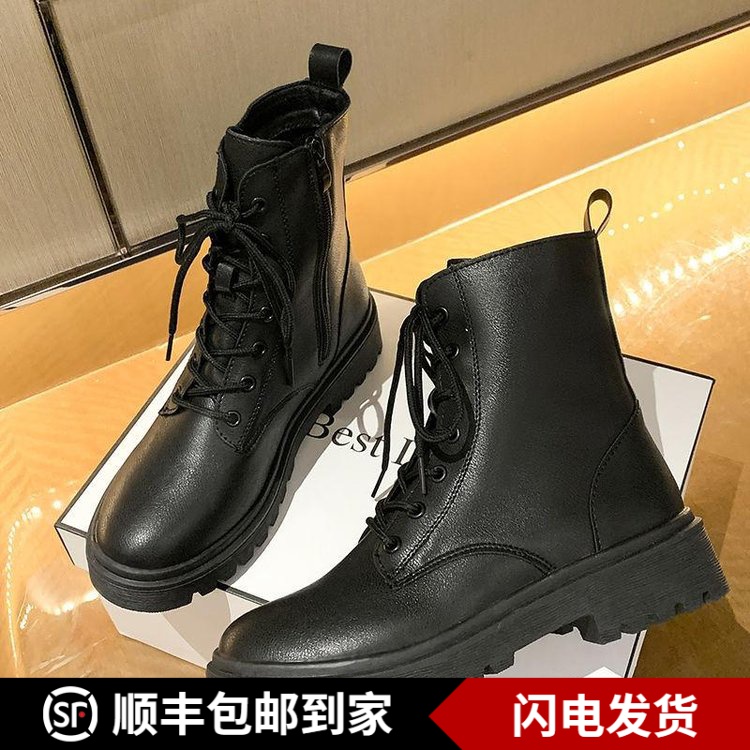靴子马丁靴前系带短筒橡胶人造短毛绒网红时尚百搭加绒ins秋冬