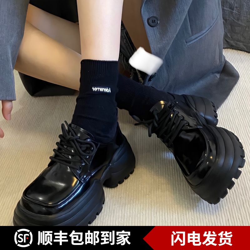 四闲厚底小皮鞋新款玛丽珍粗跟松糕爆款老爹鞋黑色女鞋方